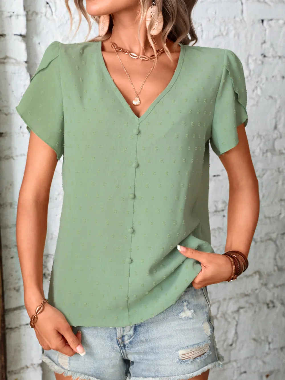 Swiss Dot V-Neck Petal Sleeve Blouse, image 4