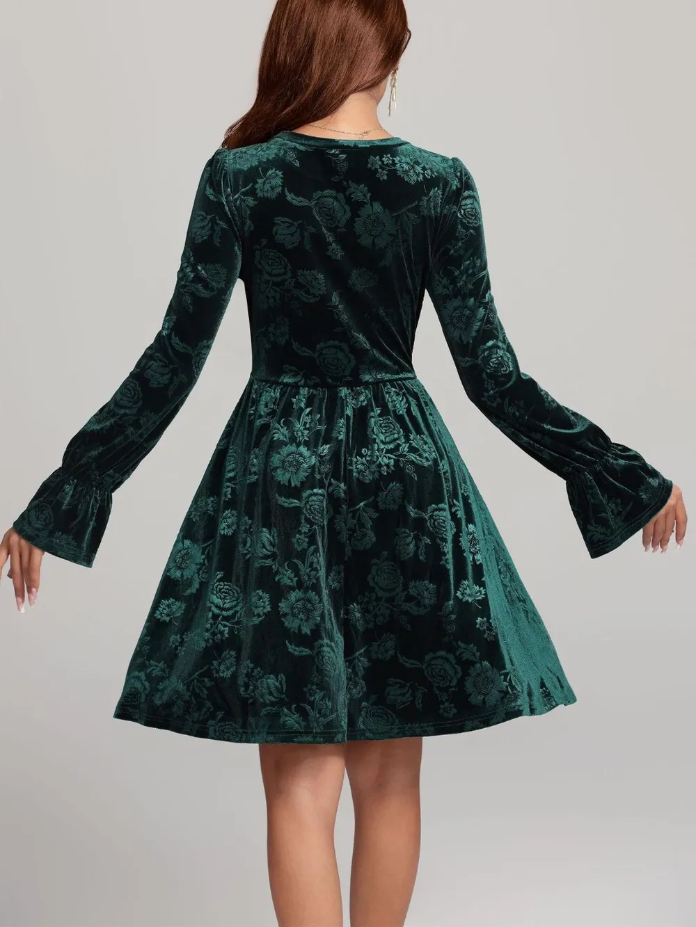 Tied Flower Print Round Neck Flounce Sleeve Dress, image 2