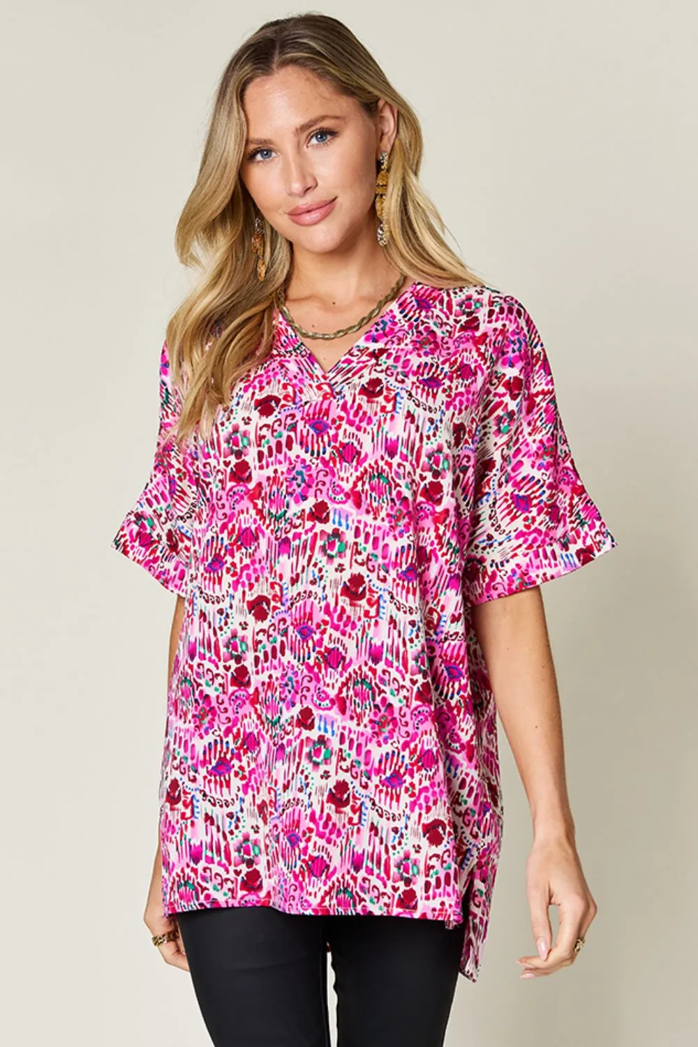 Full Size Printed V-Neck Short Sleeve Blouse, image 20