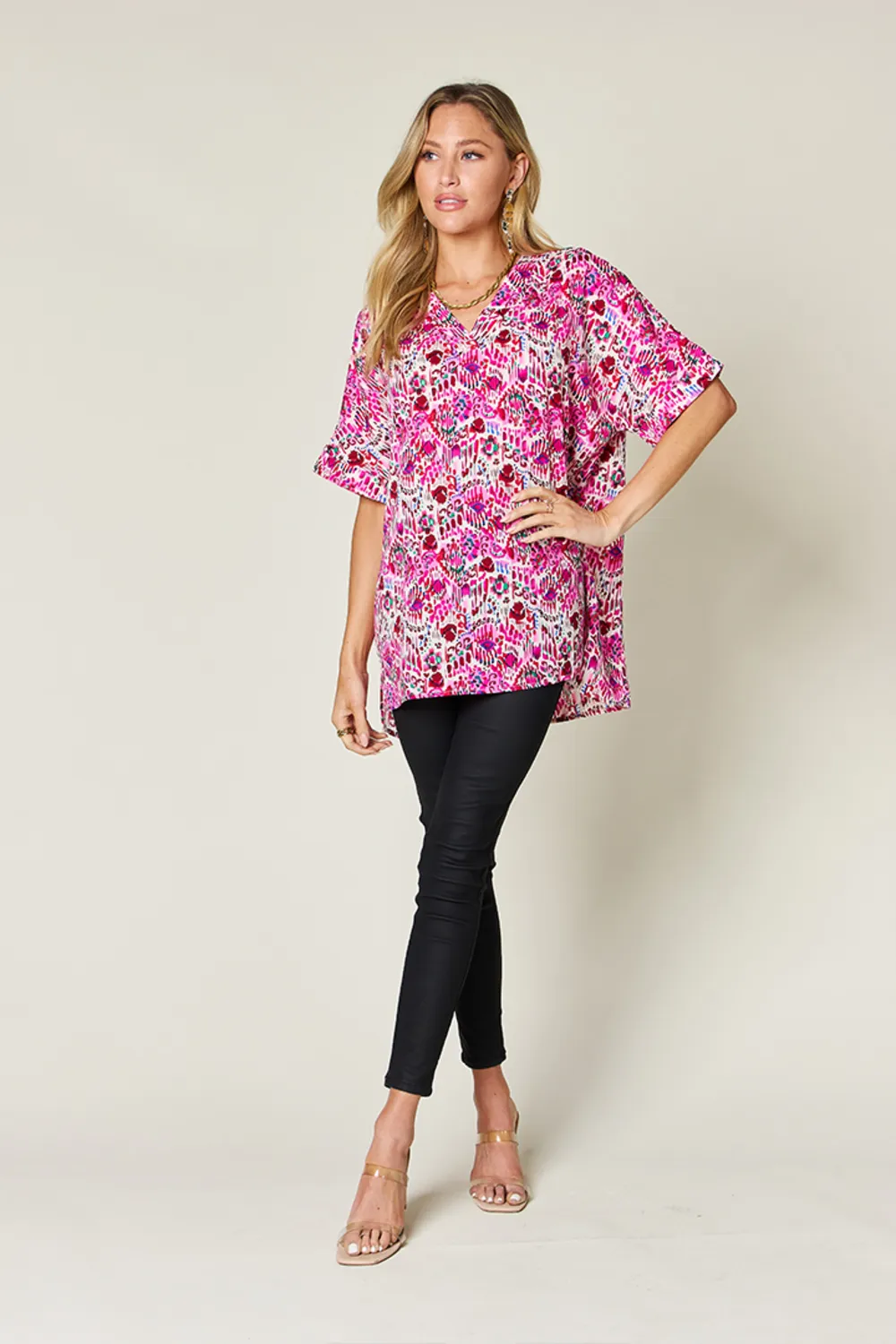 Full Size Printed V-Neck Short Sleeve Blouse, image 21