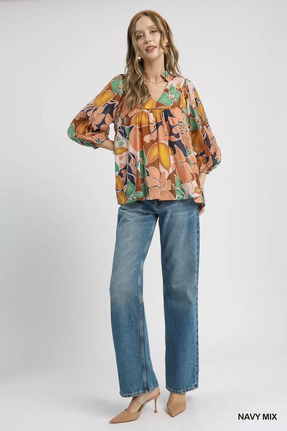 Multicolor Abstract Floral Print Blouse with Ruffle Neck, image 5