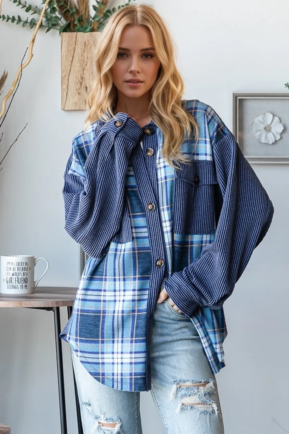 Plaid Button Up Long Sleeve Shacket with Breast Pockets