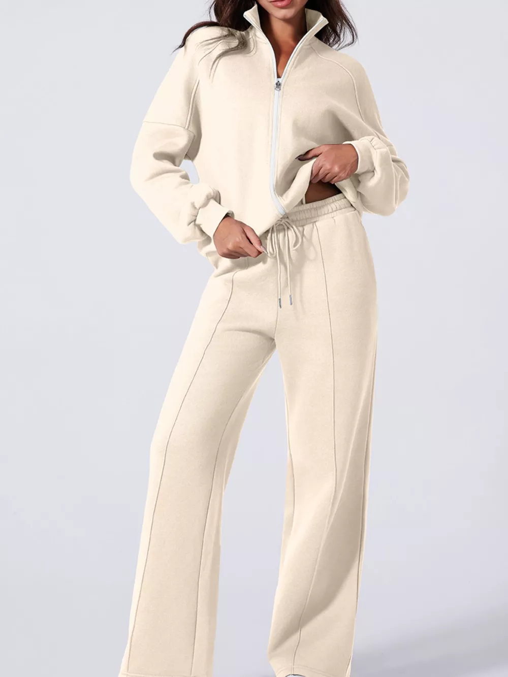 Drop Shoulder Zip Up Jacket and Drawstring Pants Active 2pcs Set, image 18