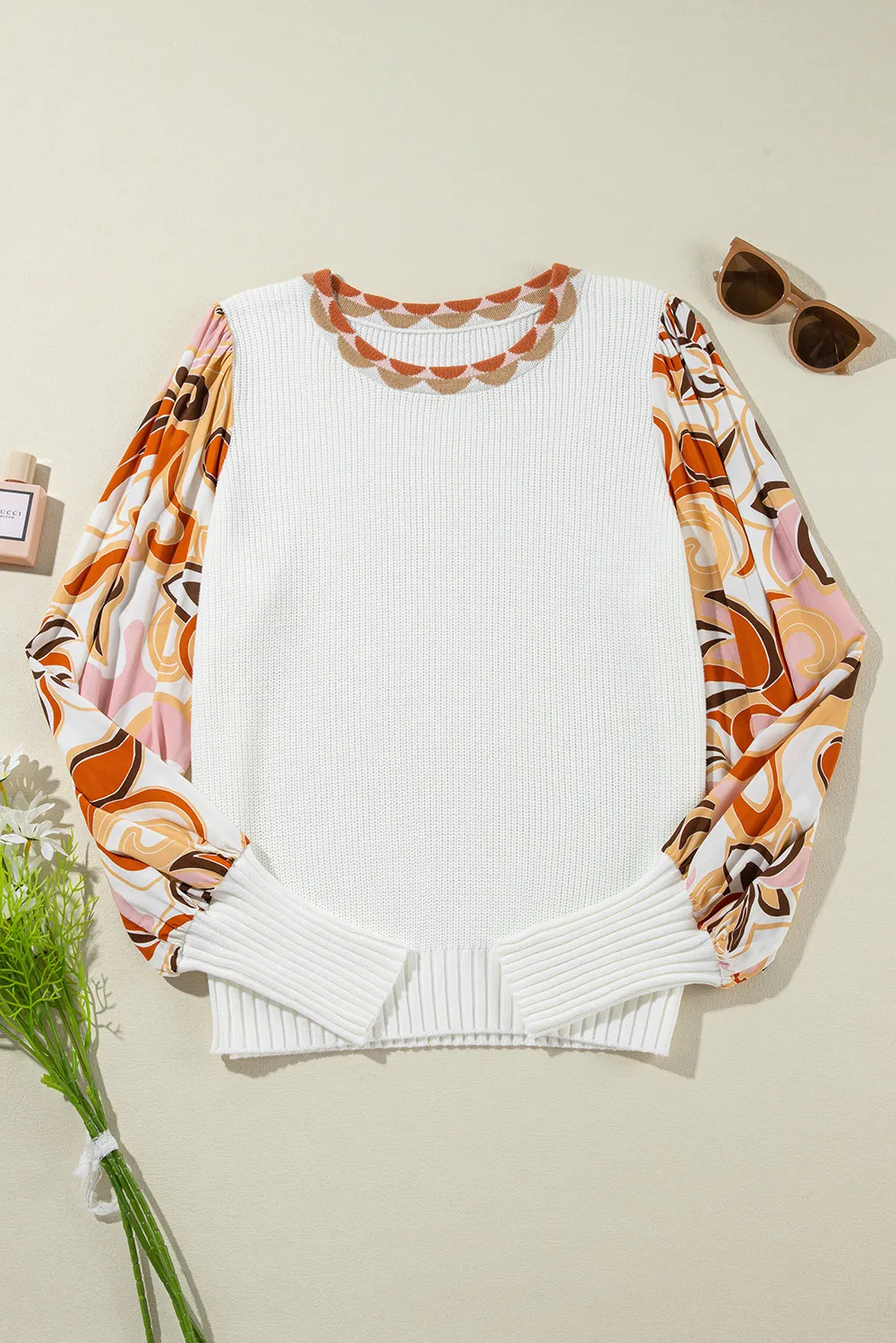Round Neck Lantern Sleeve Knit Top, image 6