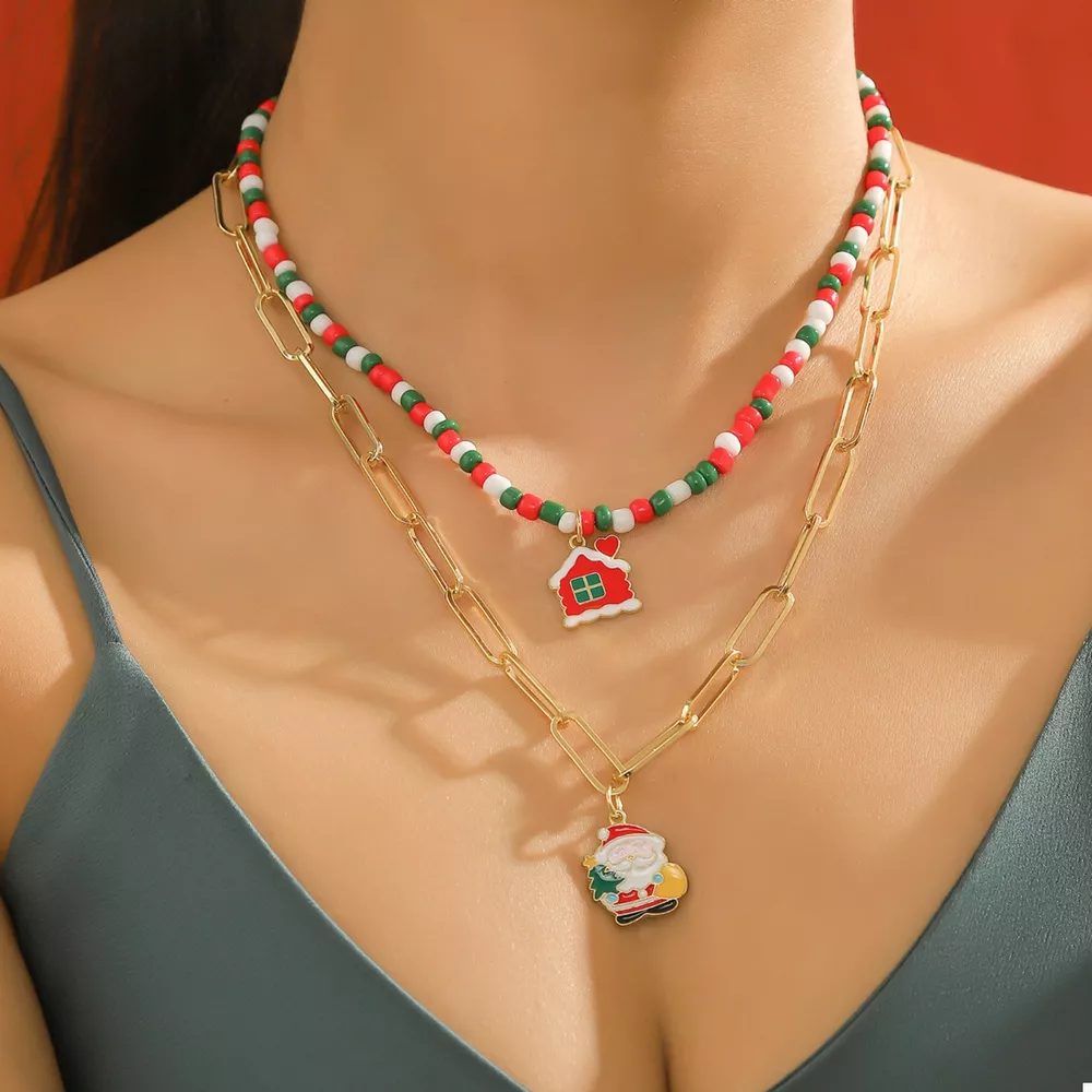 Christmas Double-Layer Necklace with Colorful Beads and Pendant, image 3