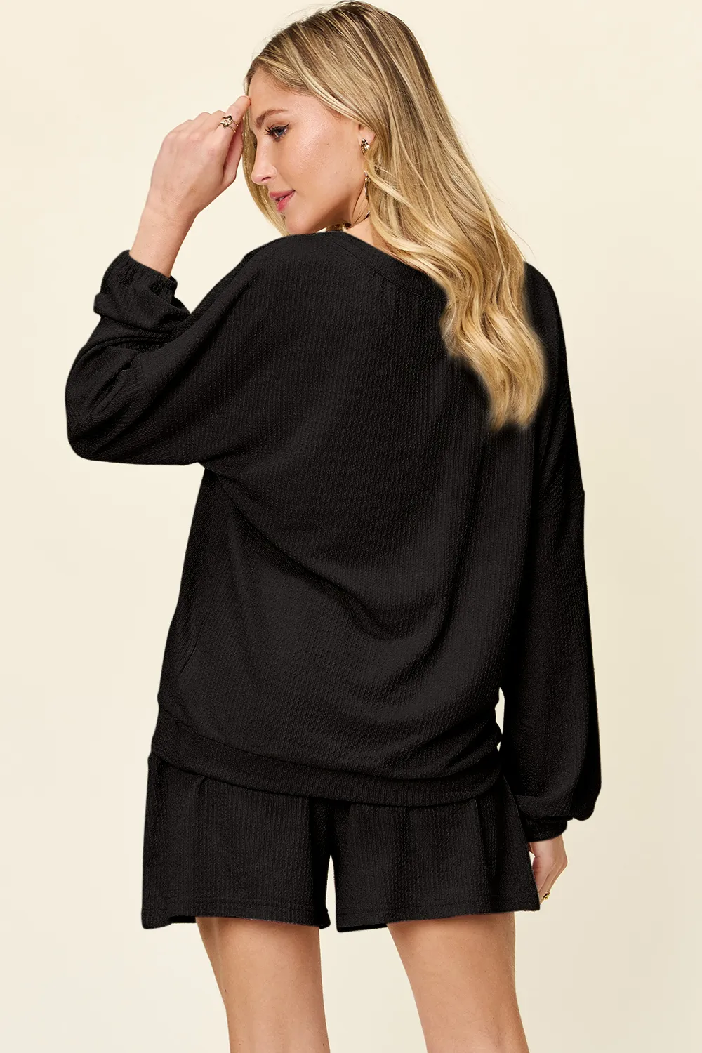 Full Size Texture V-Neck Long Sleeve T-Shirt and Shorts Set, image 15
