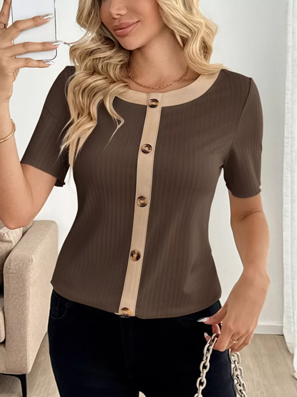 Decor Button Round Neck Short Sleeve Blouse, image 2