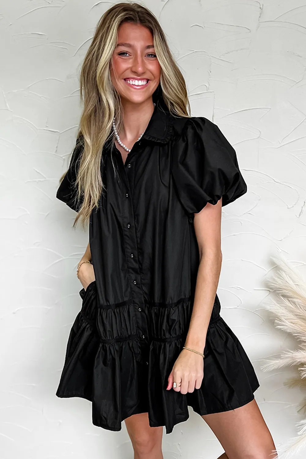 Button Down Puff Sleeve Ruffle Hem Dress, image 14