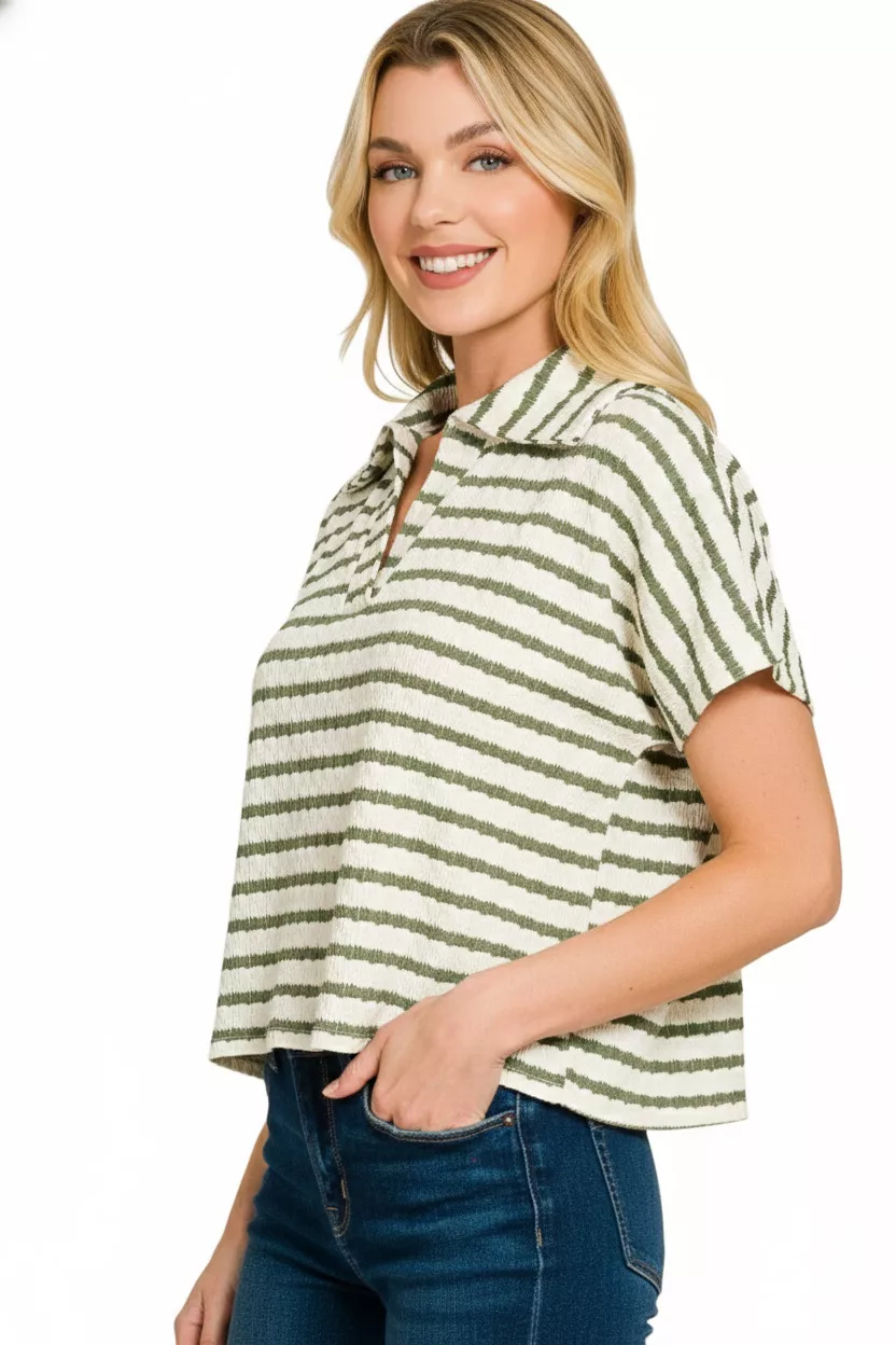 Striped Split Neck Collared Top, image 3