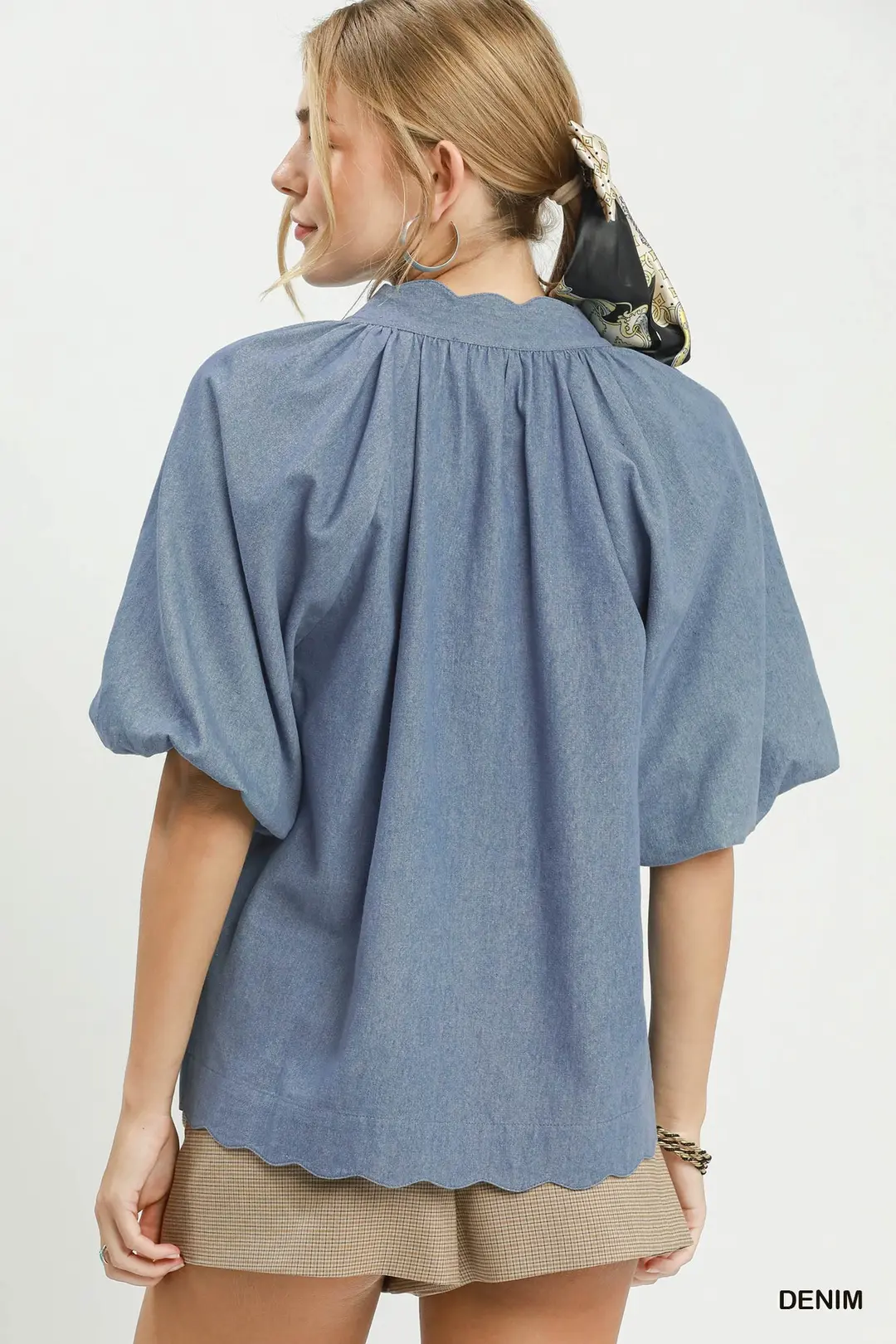 Chambray Scallop Hem Puff Sleeve Top, image 3