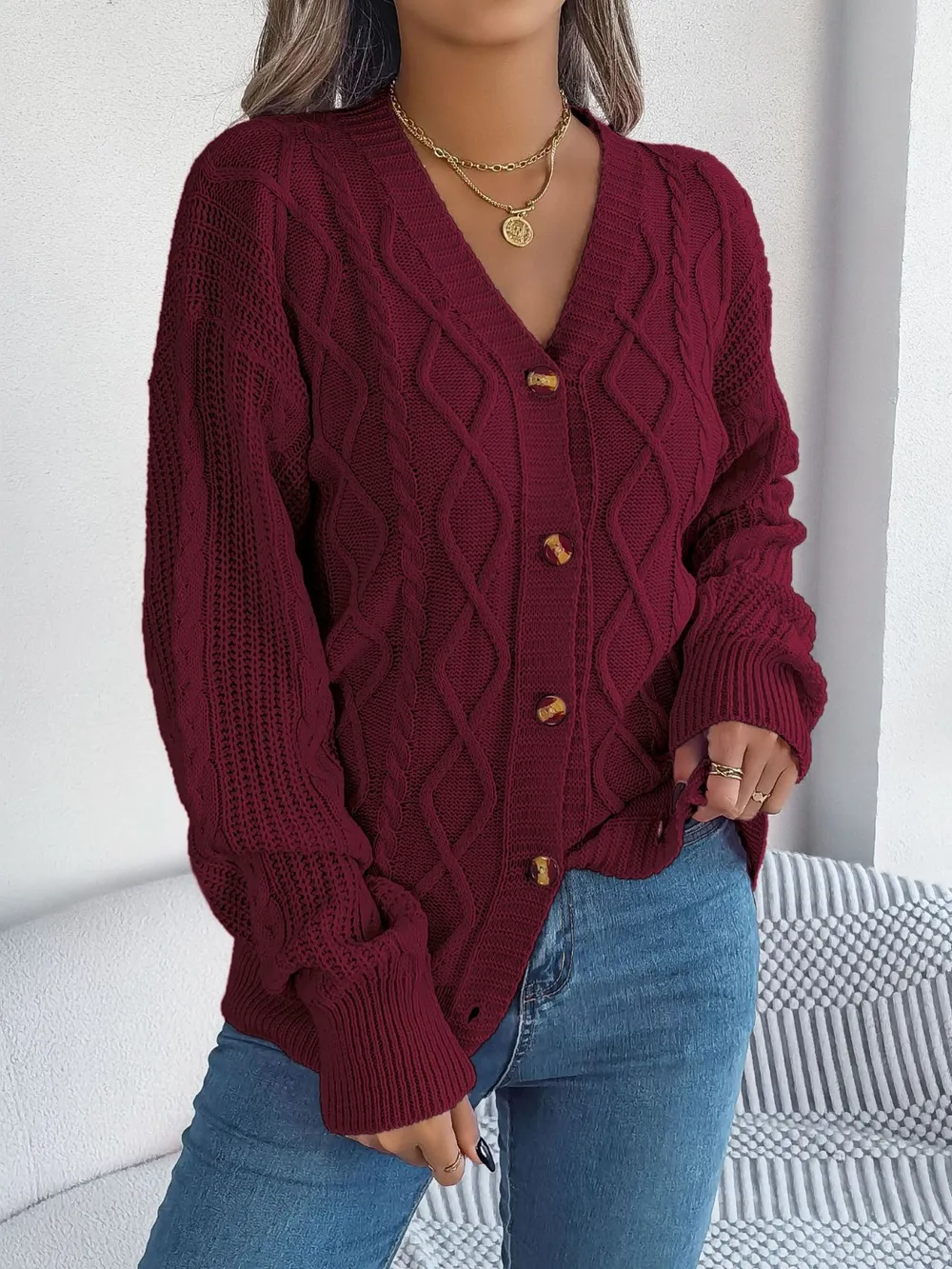 Cable-Knit Long Sleeve Cardigan, image 9