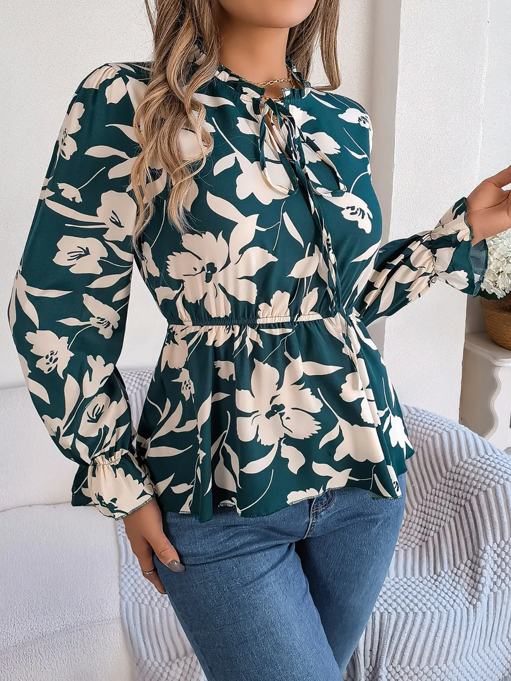 Printed Tie Neck Flounce Sleeve Blouse, image 11