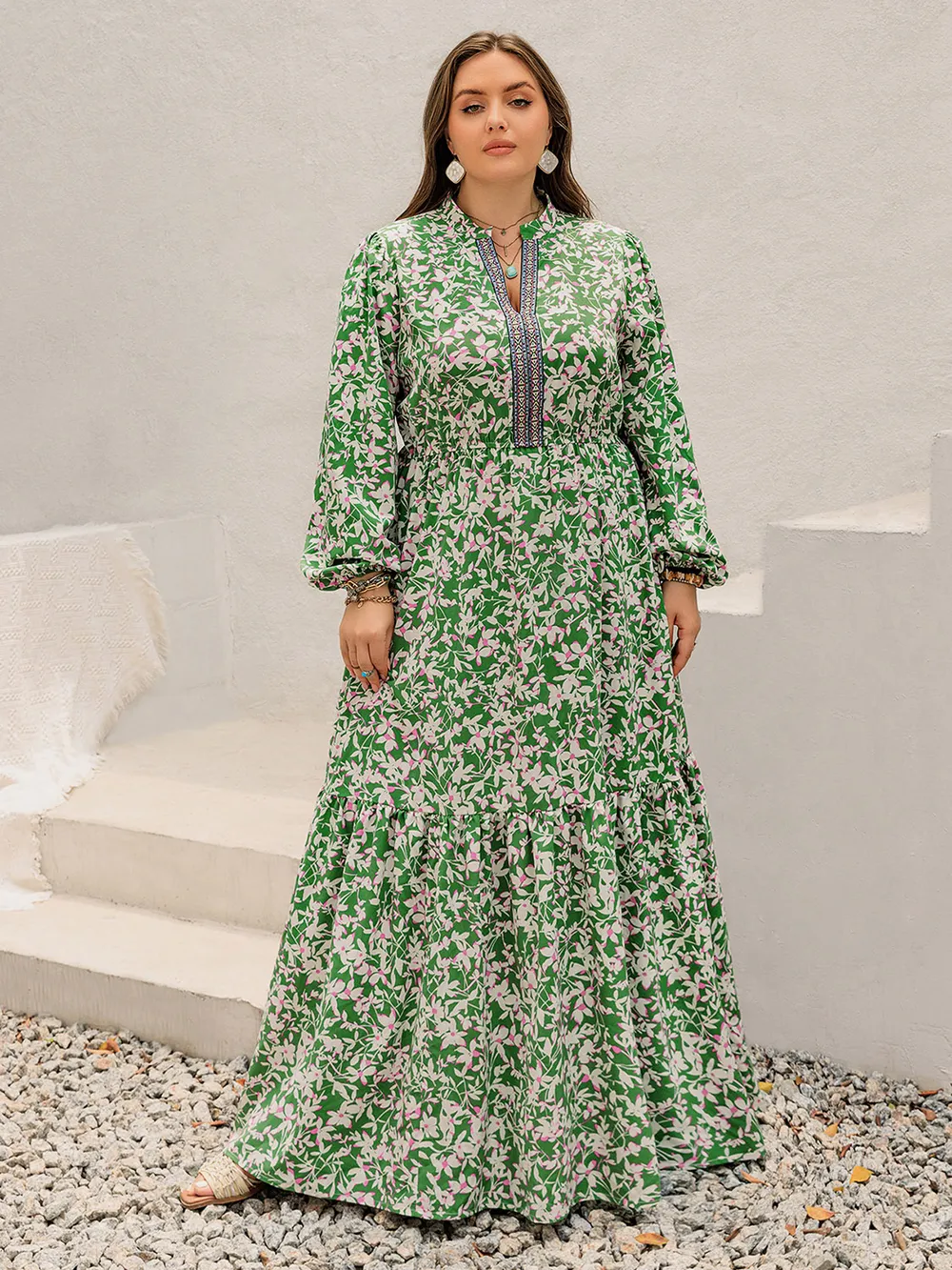Plus Size Printed Notched Long Sleeve Maxi Dress, image 12