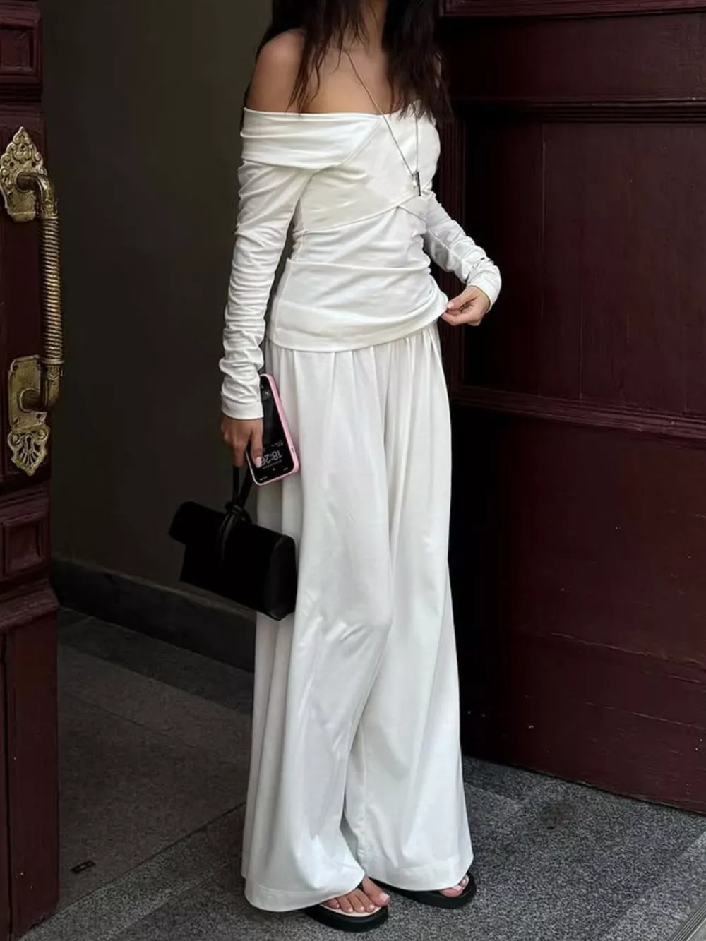 Off-Shoulder Long Sleeve Top and Wide-Leg Pants Set, image 3