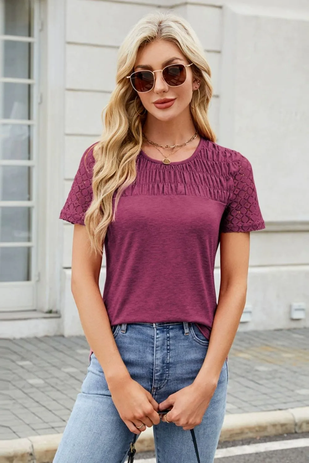 Smocked Round Neck Short Sleeve T-Shirt, image 9