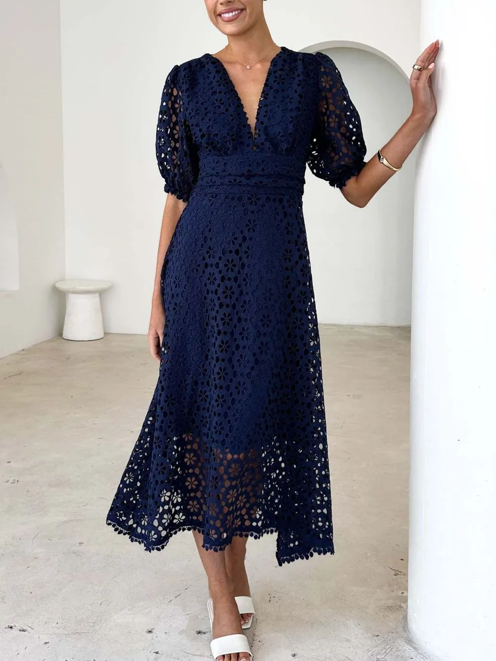 Eyelet Lace V-Neck Midi Dress with Puff Sleeves, image 23
