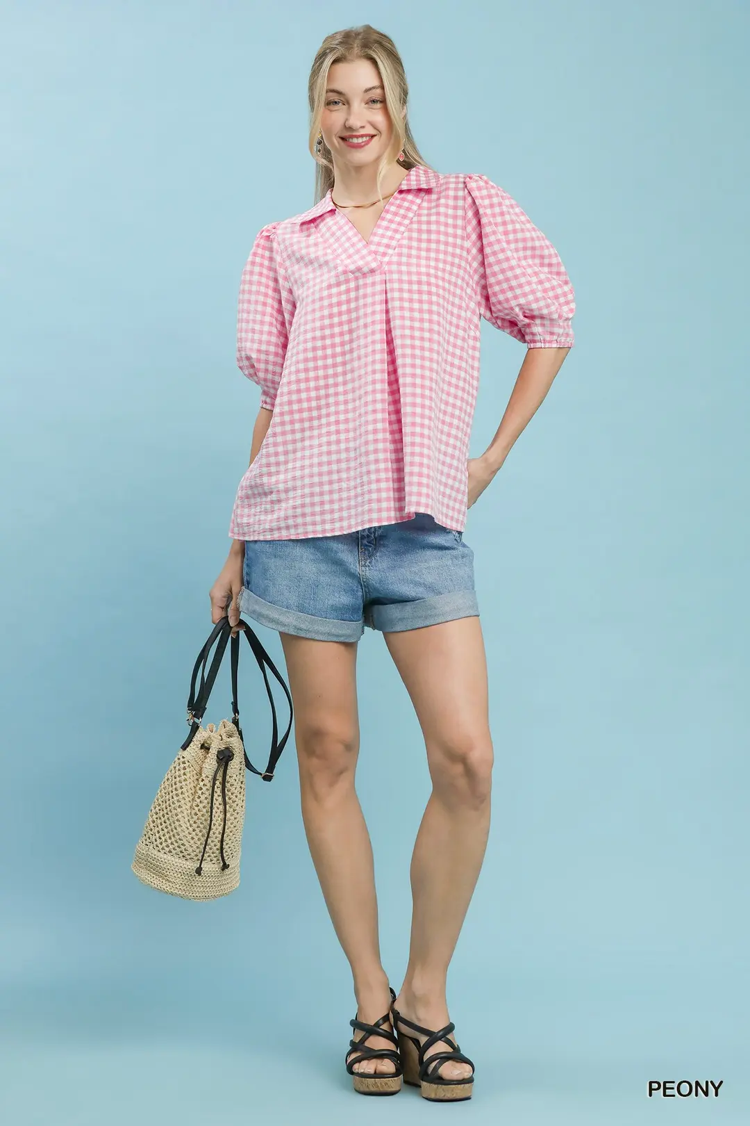 Gingham Puff Sleeve Collared Blouse, image 5