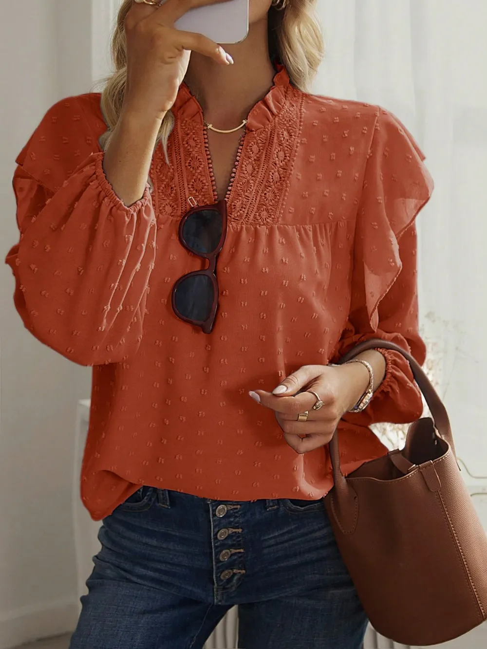 Swiss Dot Ruffled Long Sleeve Blouse, image 24