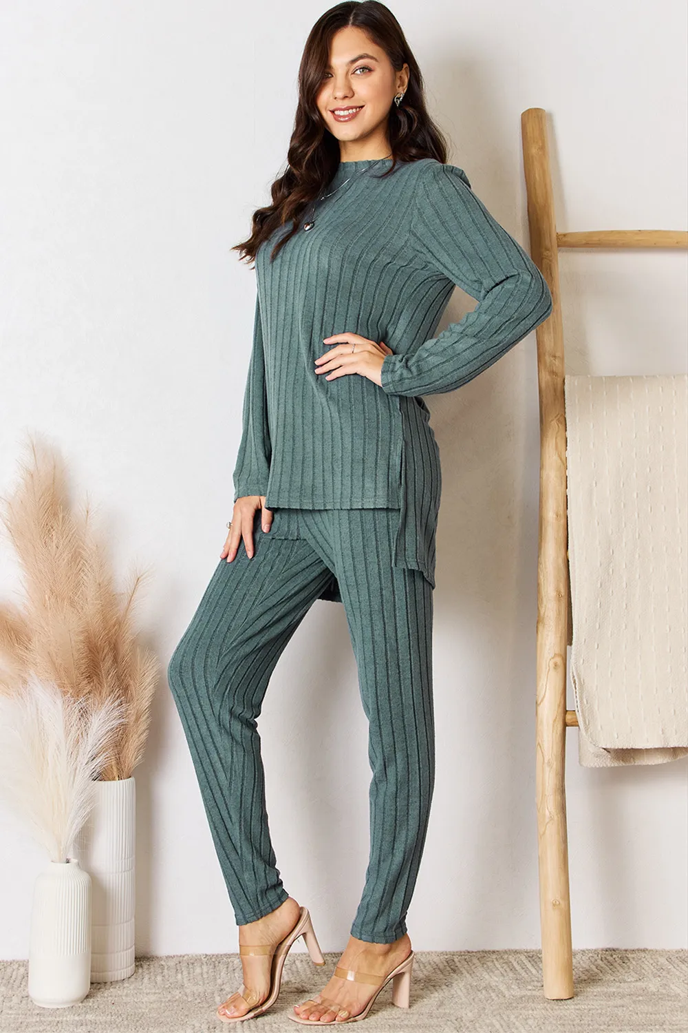 Full Size Ribbed Round Neck High-Low Slit Top and Pants Set, image 13