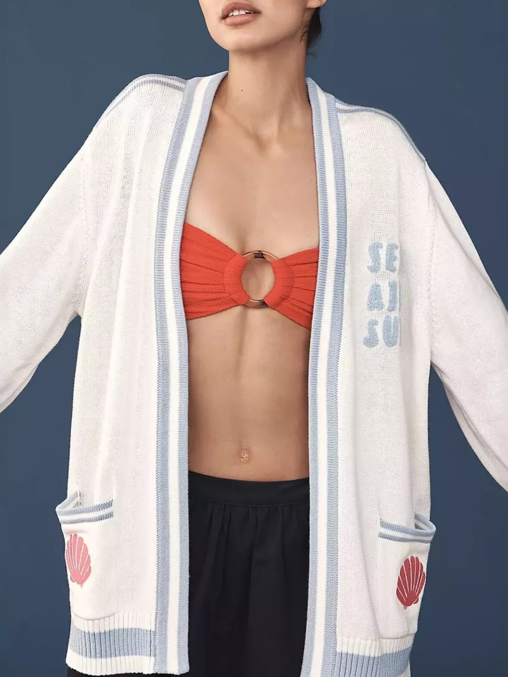 Seashell Embroidered Open Front Cardigan