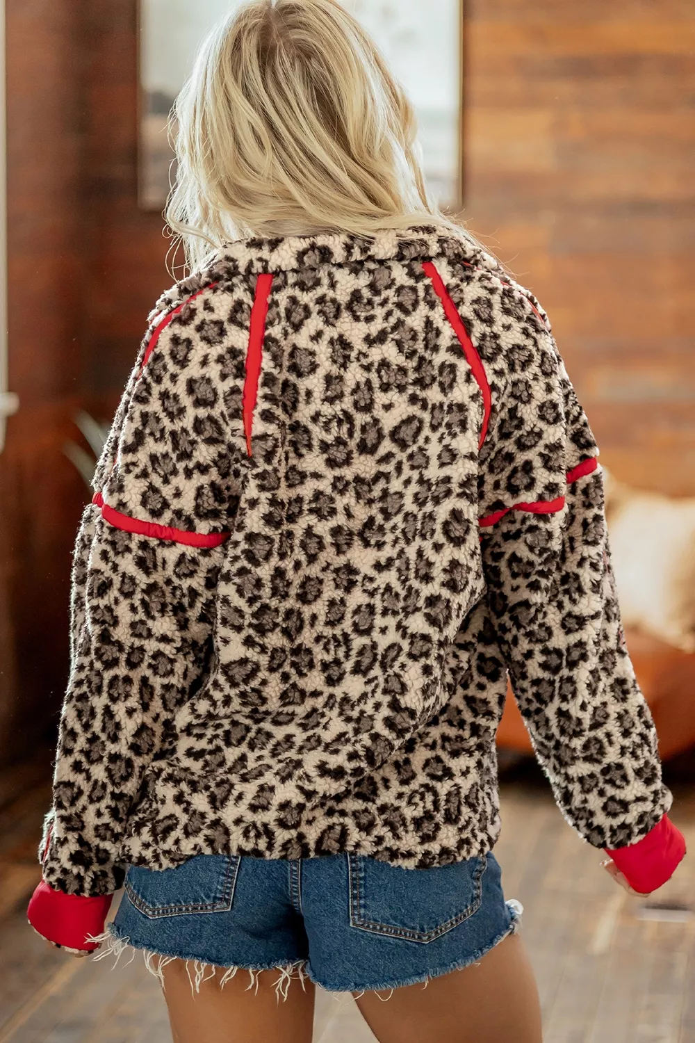 Leopard Print Zip-Up Red Accents Pockets Sweatshirt, image 3