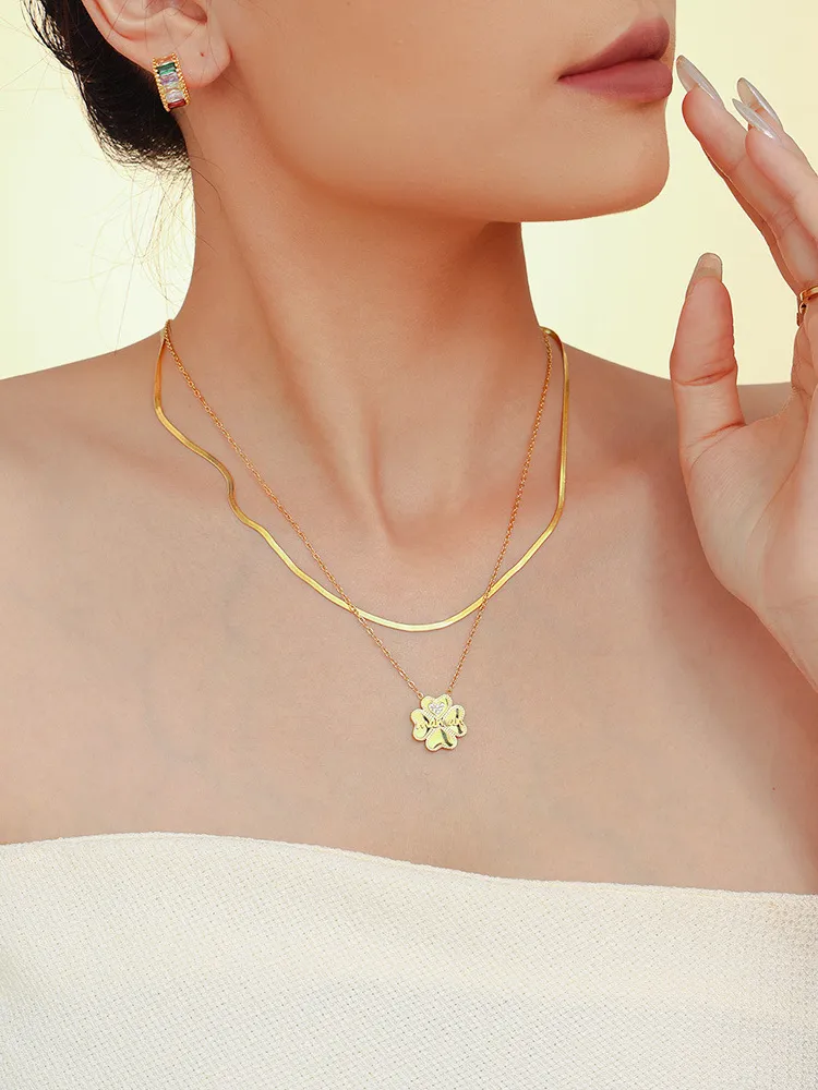 2 Piece 18K Gold-Plated Inlaid Zircon Lucky Clover Necklace, image 6
