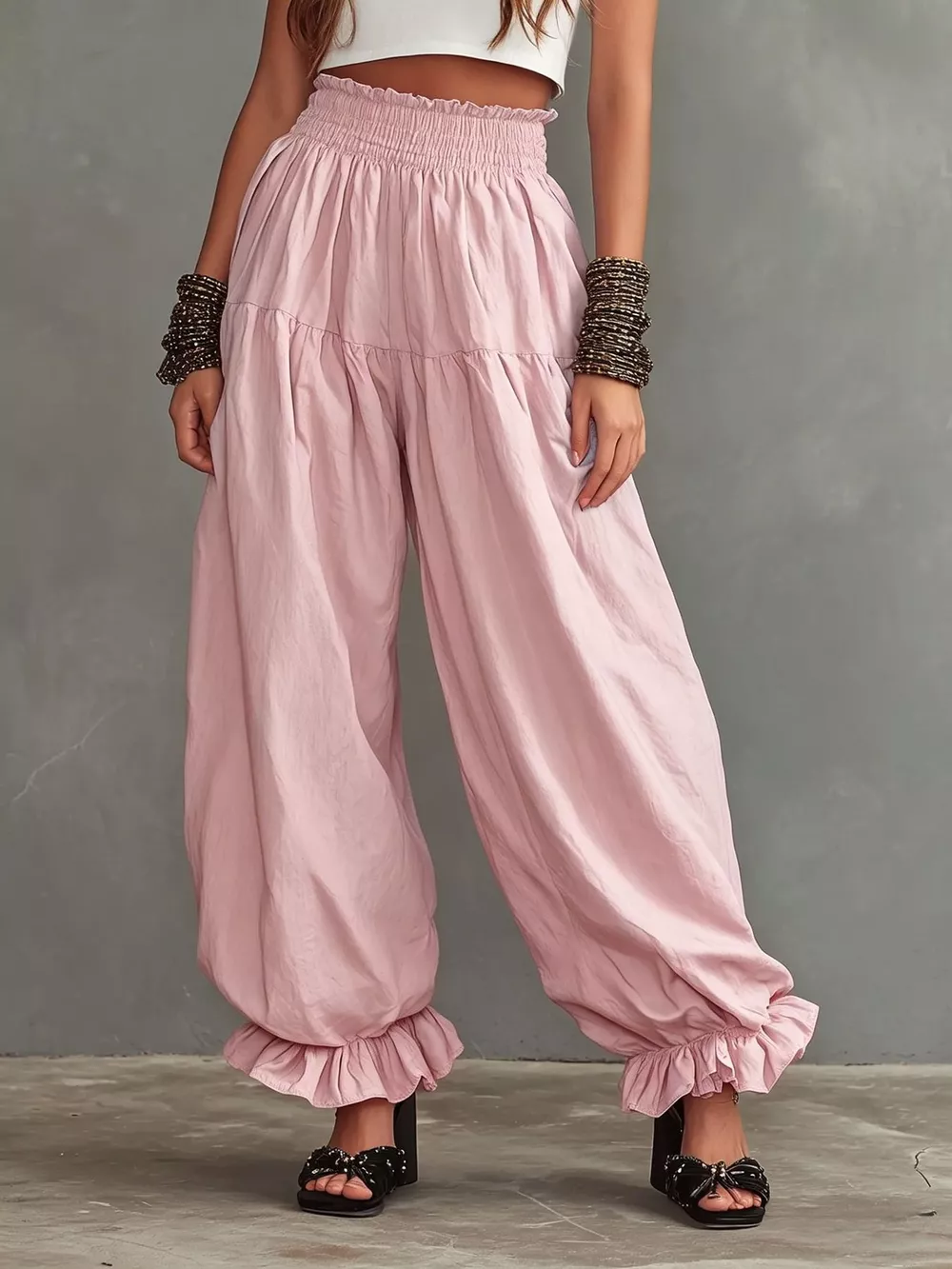 Full Size Smocked Ruffle Hem Wide Leg Pants Plus Size, image 4