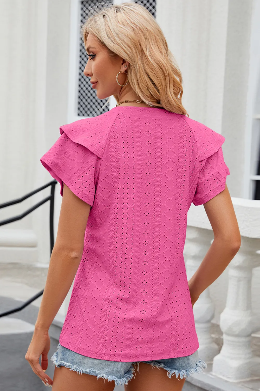 Eyelet Notched Flutter Sleeve T-Shirt, image 25