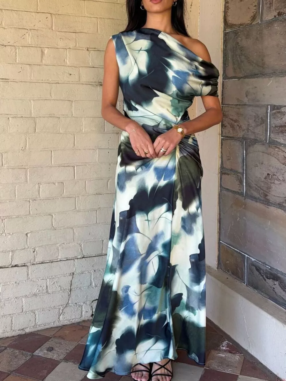 One-Shoulder Floral Print Maxi Dress, image 4