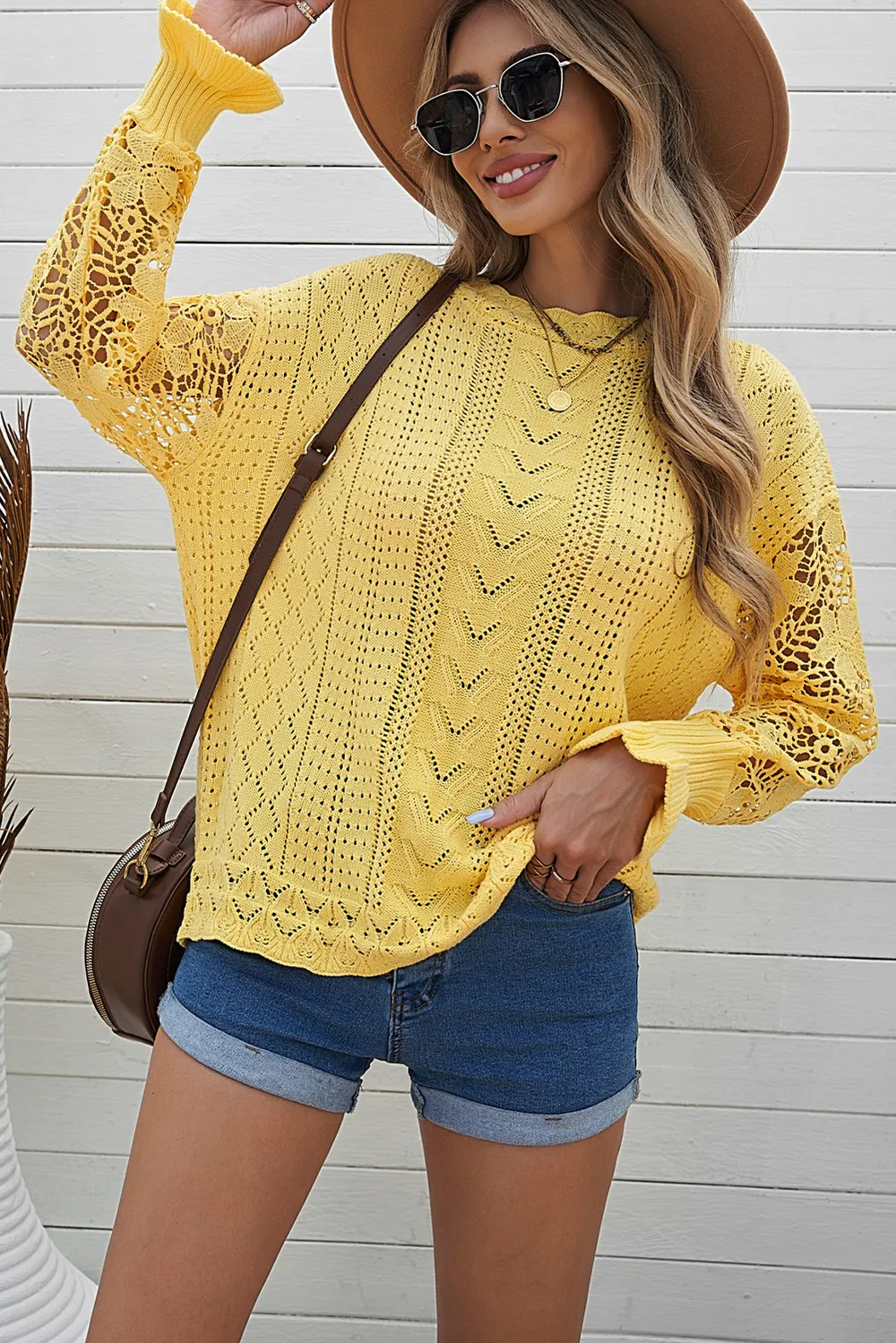 Openwork Round Neck Long Sleeve Sweater, image 25