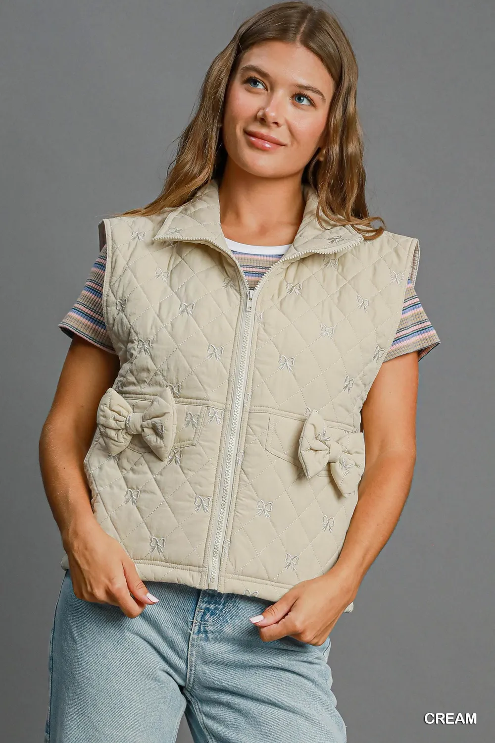 Sleeveless Quilted Vest with Bow Details