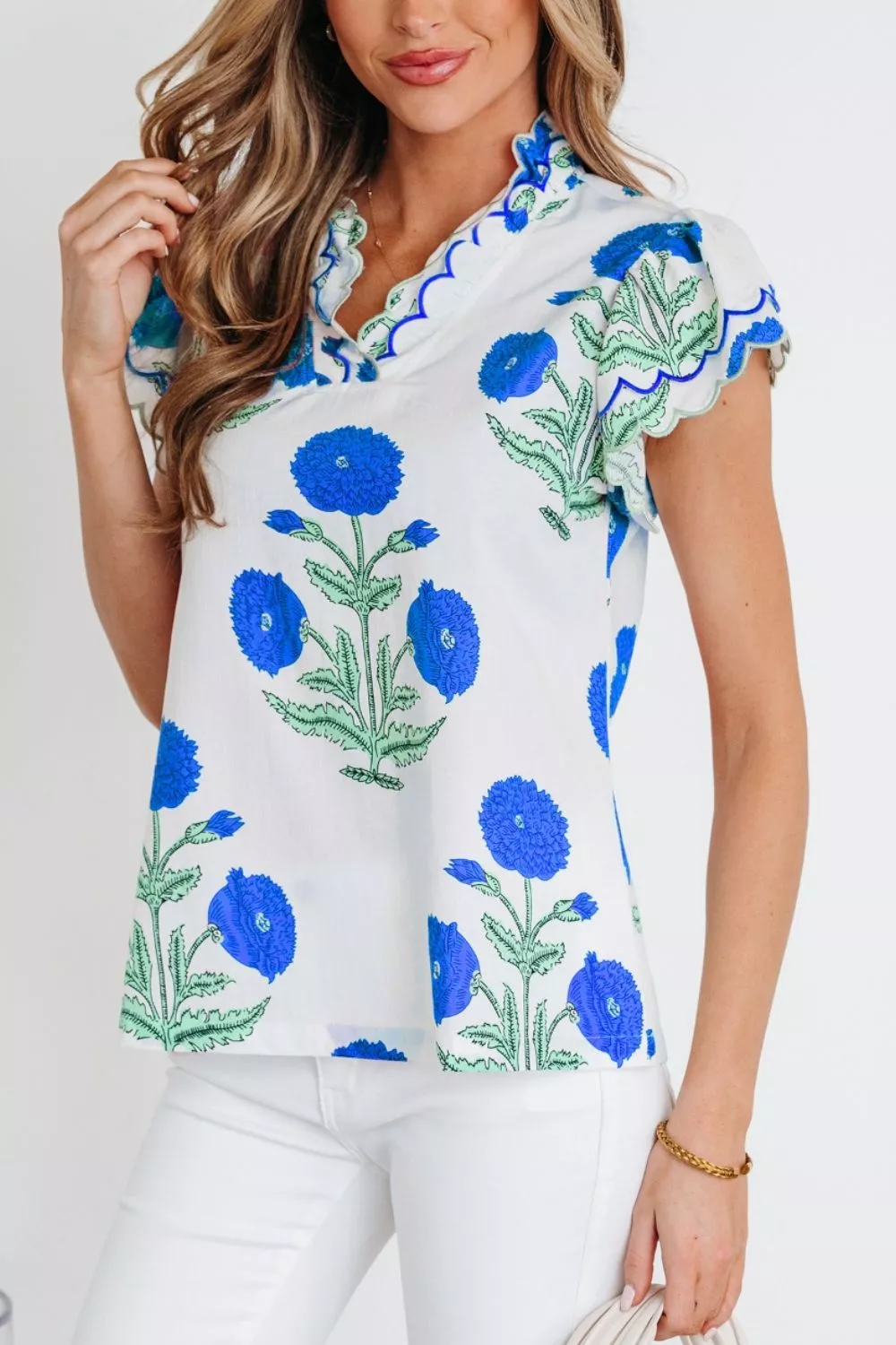 Contrast Scallop Trim Layered Short Sleeve V Neck Blouse, image 14