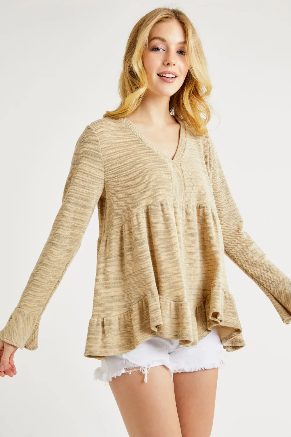 V-Neck Flounce Sleeve Knit Top, image 2
