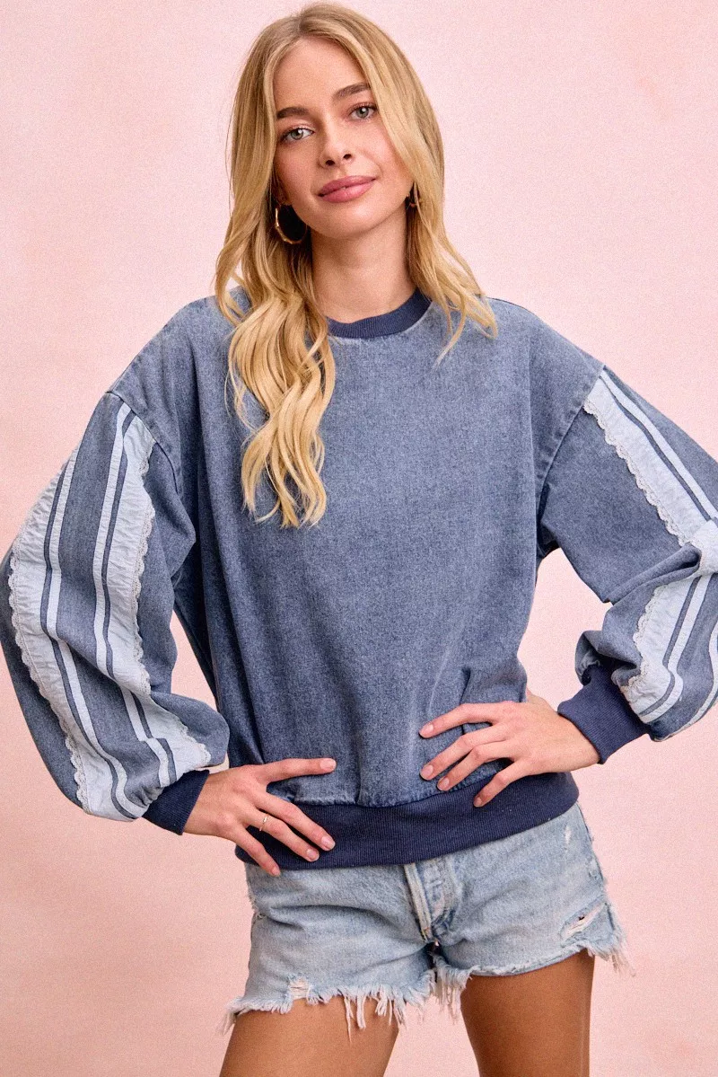 BiBi Washed Denim Lace Contrast Sided Sweatshirt, image 4