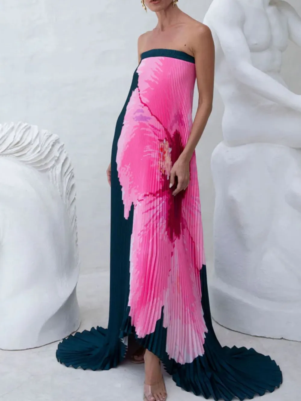 Pleated Printed Tube Floor Length Dress, image 8