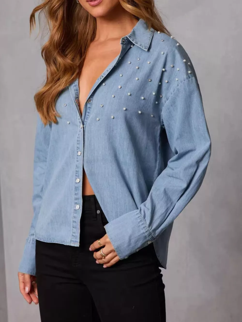 Pearl Embellished Button Up Denim Shirt, image 5