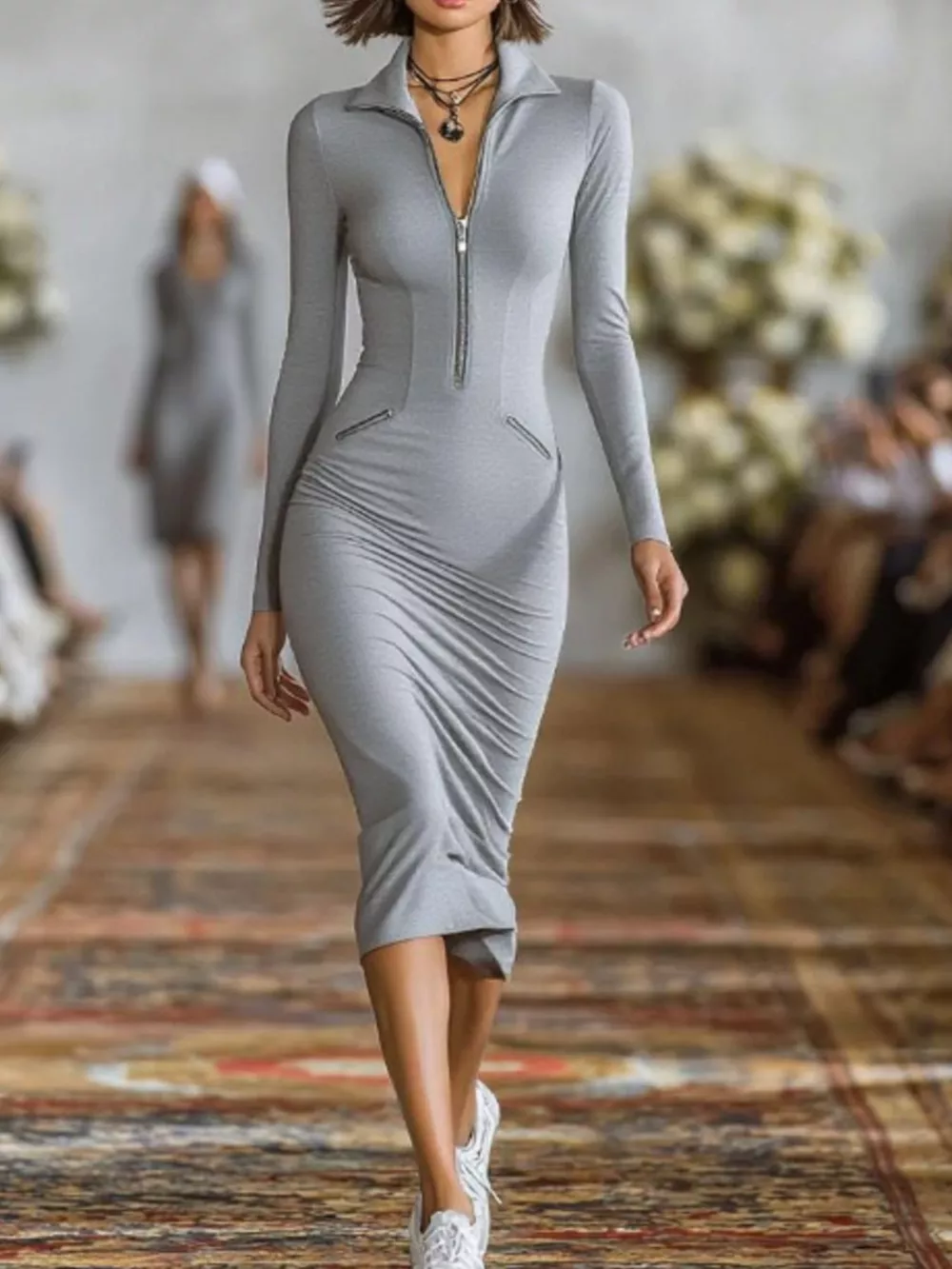 Full Size Zip-Front Bodycon Midi Dress Plus Size, image 7