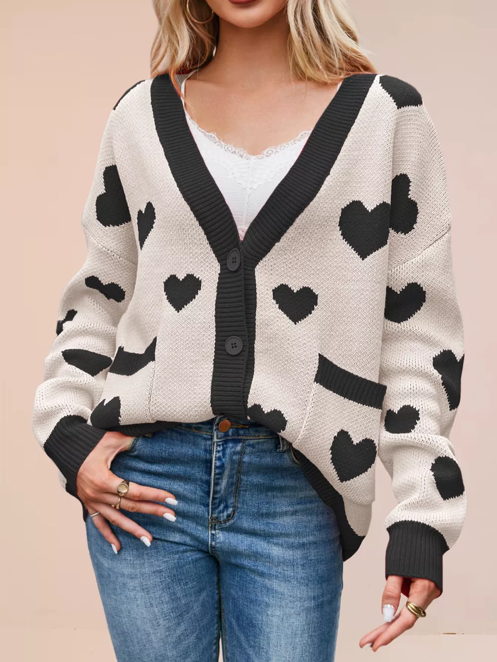 Heart Pattern Button-Up Knit Cardigan, image 20