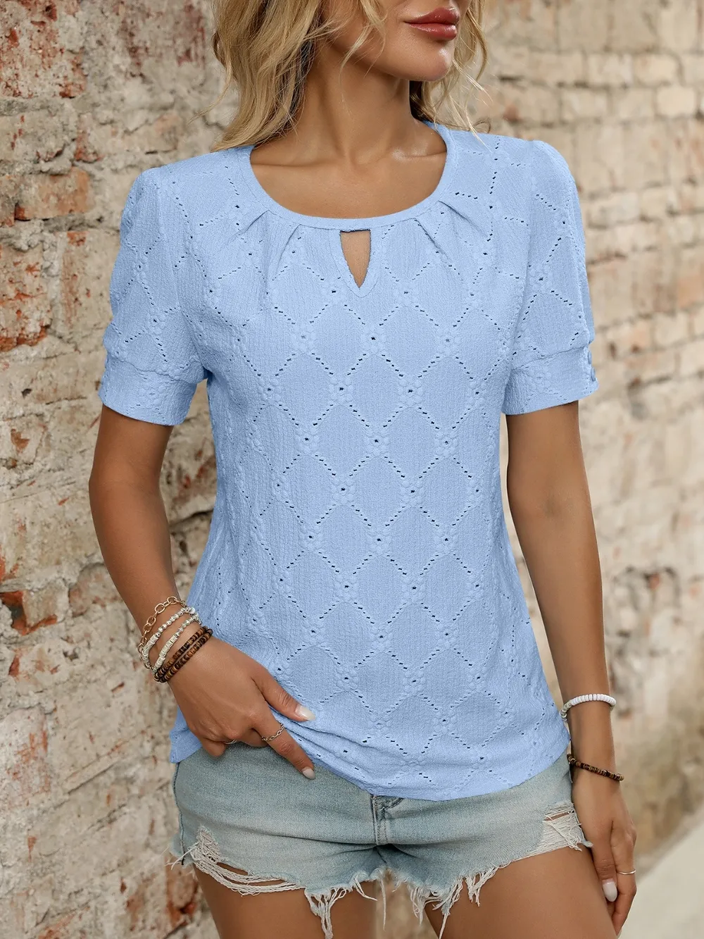 Eyelet Round Neck Short Sleeve Top, image 24