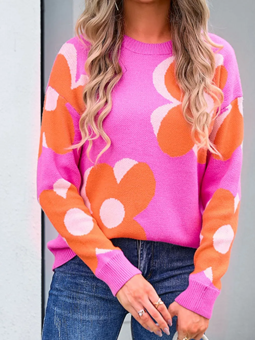 Flower Round Neck Long Sleeve Sweater, image 12