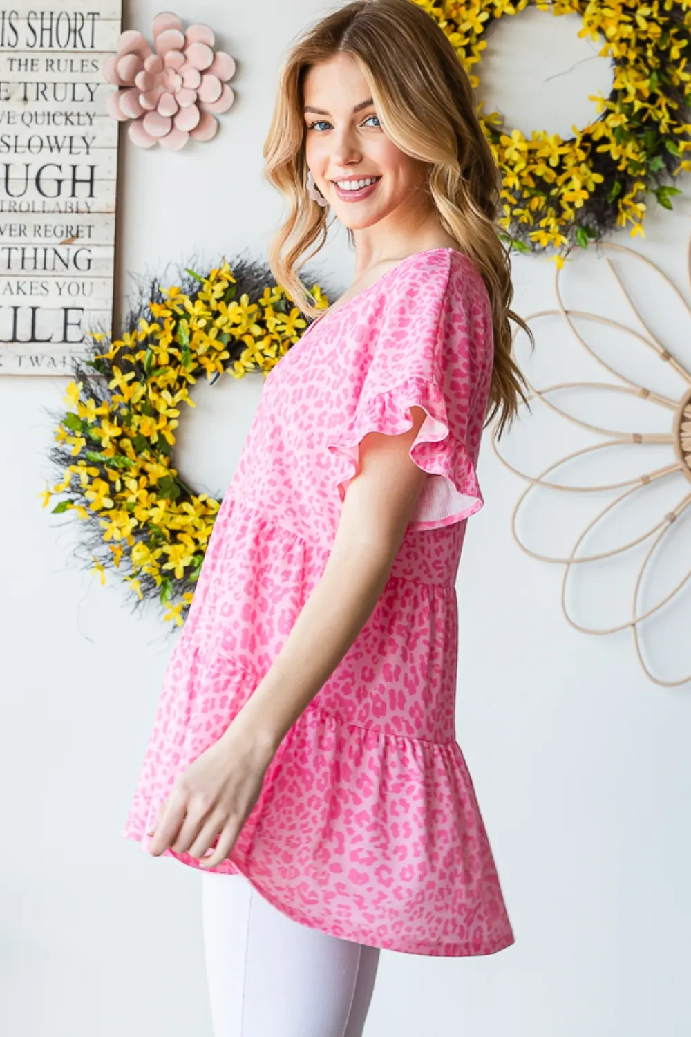 Full Size Leopard Ruffle Trim Short Sleeve Top, image 14