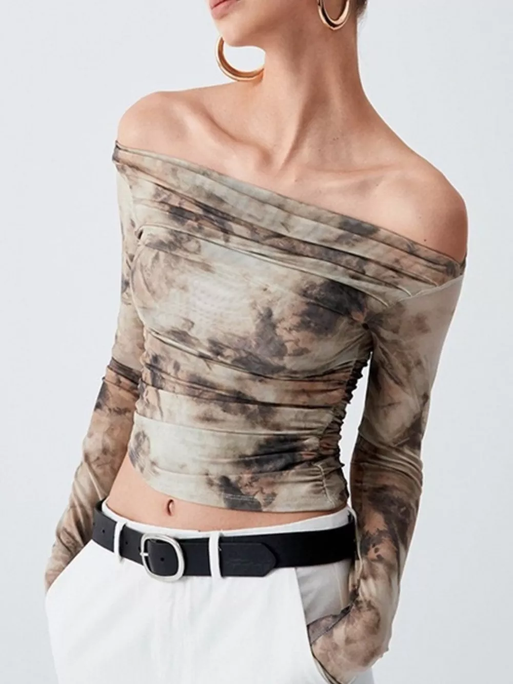 Tie-Dye Print Off-Shoulder Mesh Top, image 4