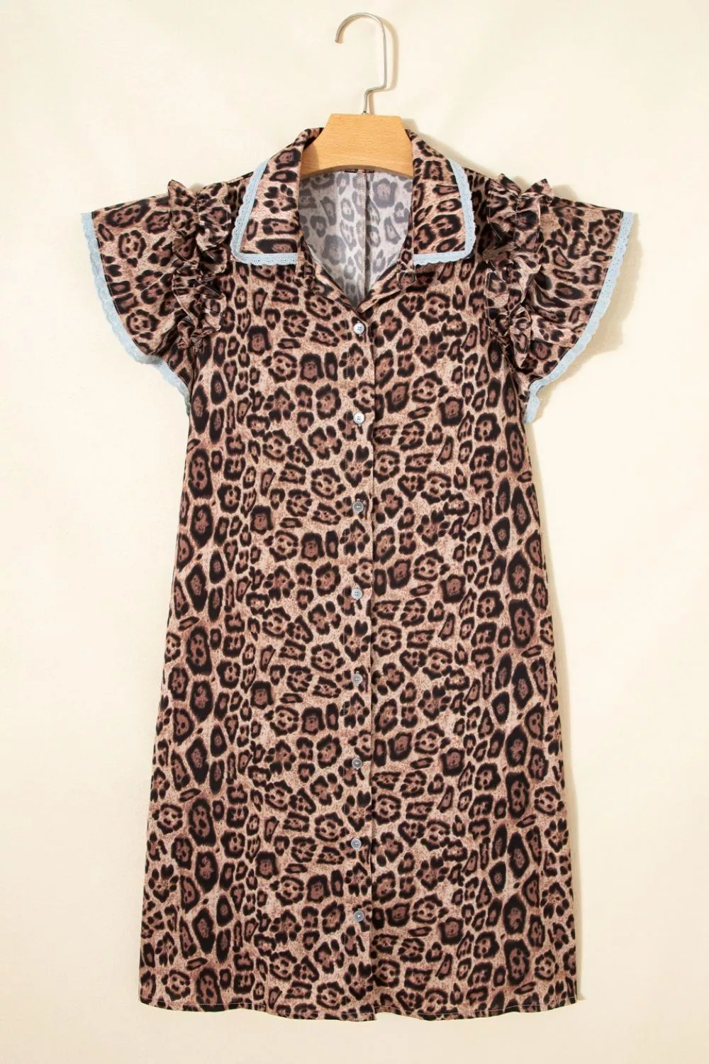 Leopard Print Lace Trim Shirt Collar Button Down Loose Mini Dress, image 5