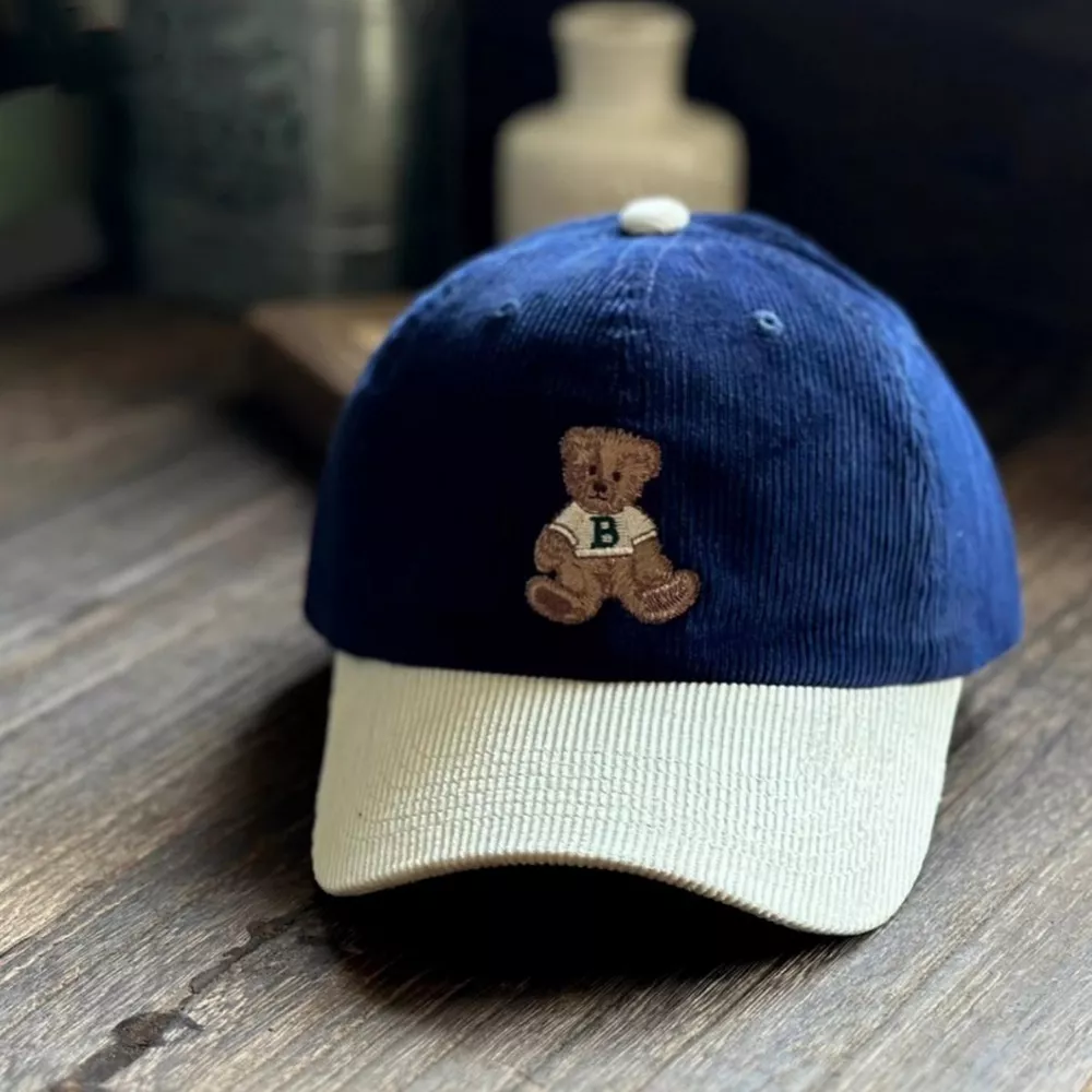 Corduroy Baseball Cap with Embroidered Bear, image 3