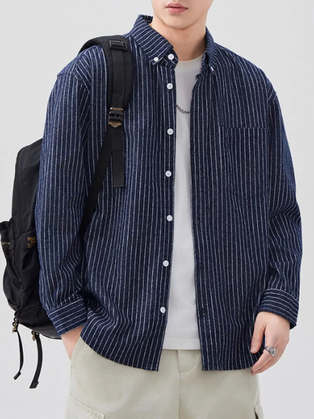 Men's Plus Size Striped Button Up Long Sleeve Shirt, image 5