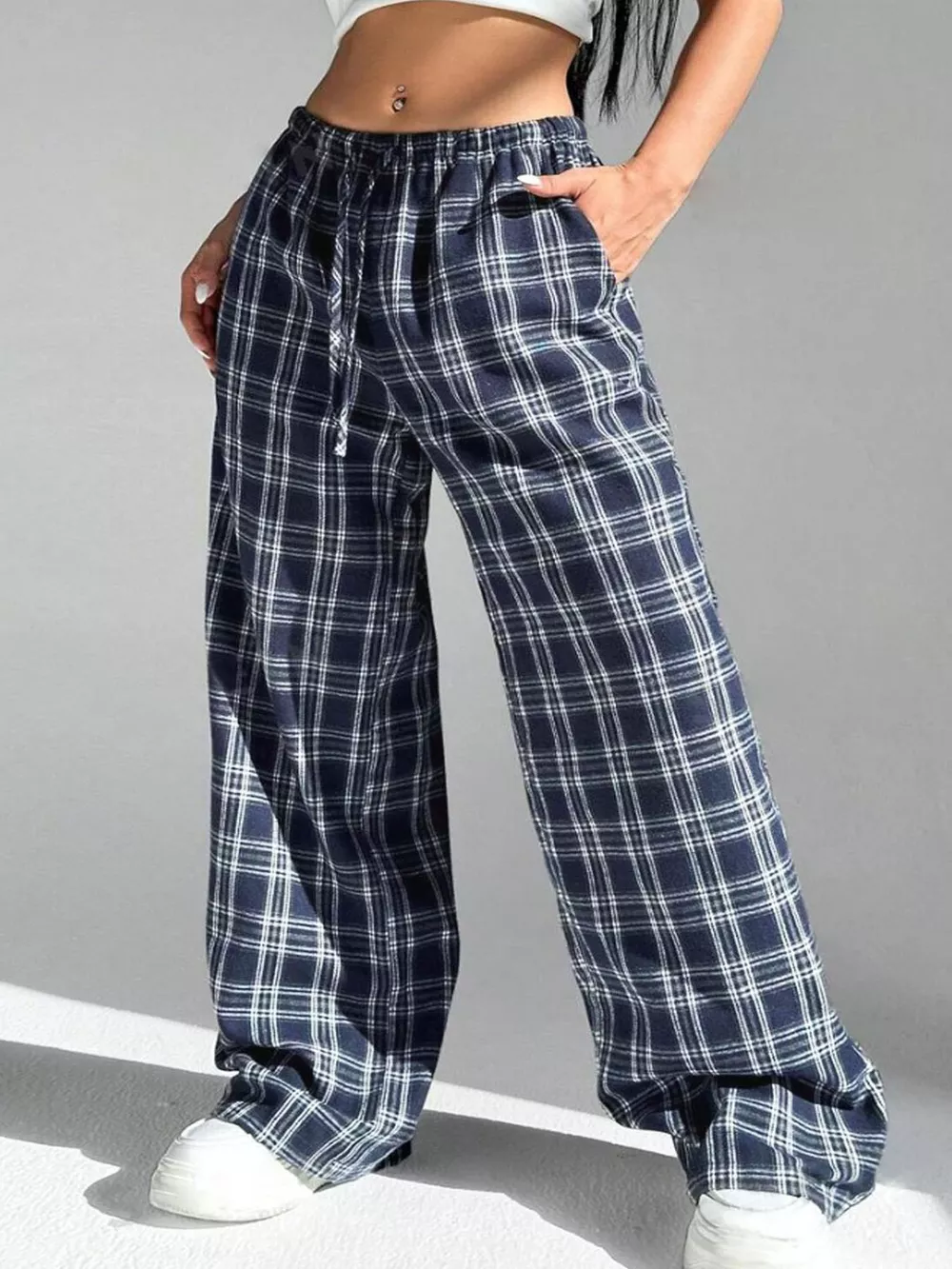 Plaid Drawstring Wide Leg Pants, image 7