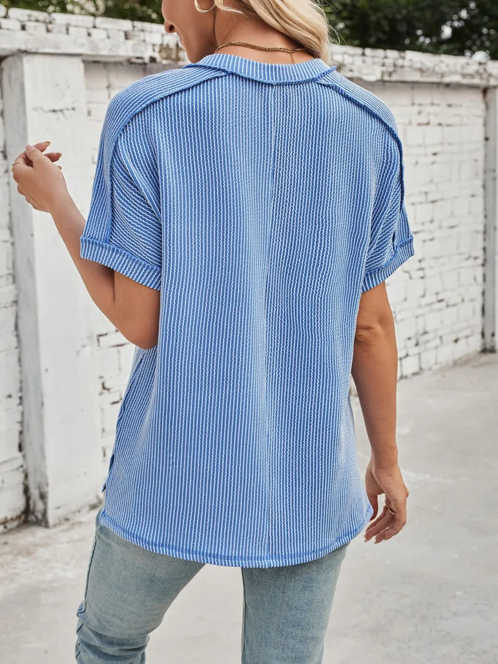 Cord Ribbed V-Neck Short Sleeve T-Shirt, image 24