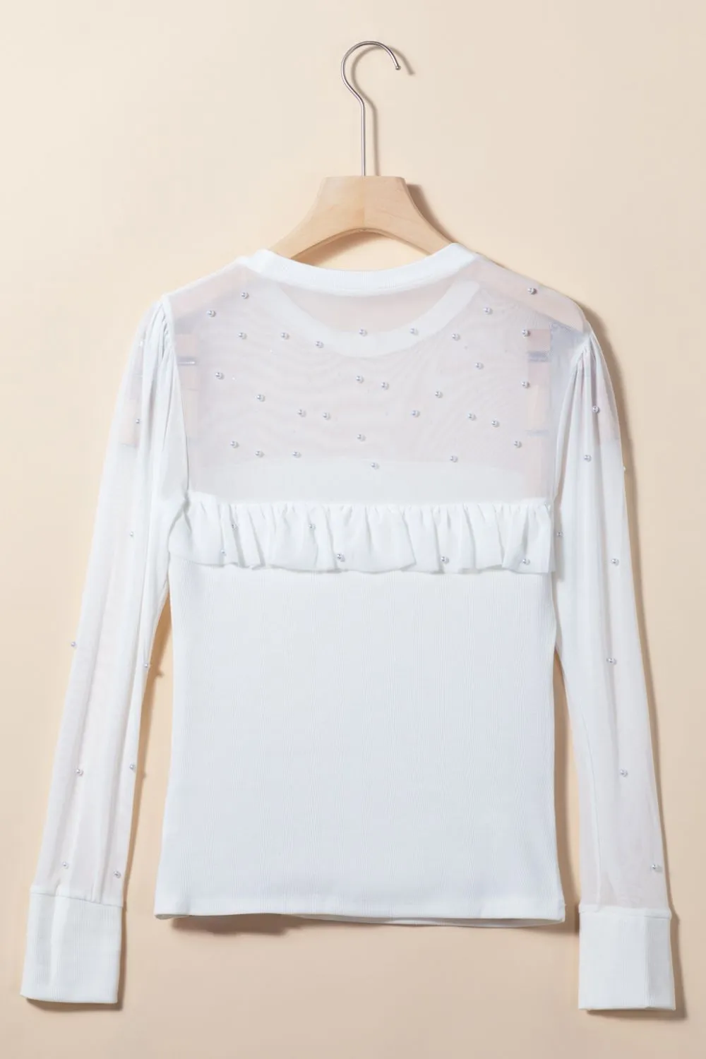 Pearl Decor Mesh Patchwork Ribbed Long Sleeve Top, image 12