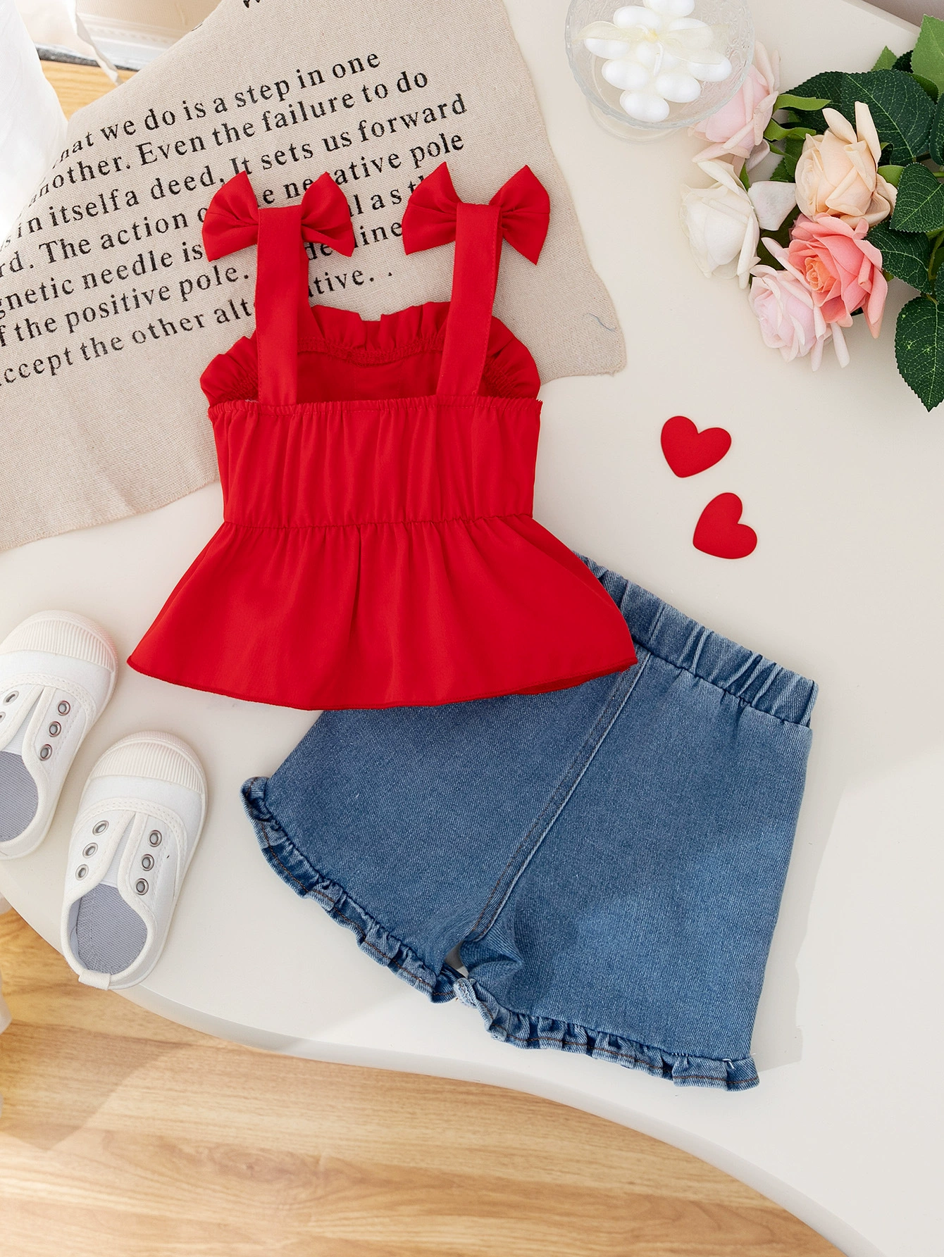 Children's Bowknot Top & Heart Denim Shorts Set, image 5