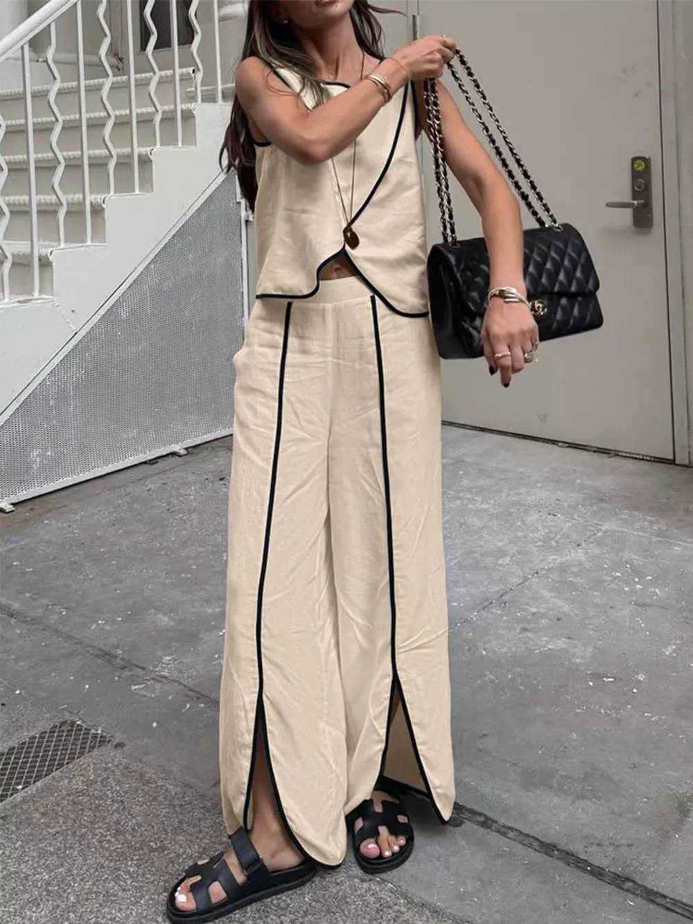 Contrast Trim Top and Wide Leg Pants Set, image 13